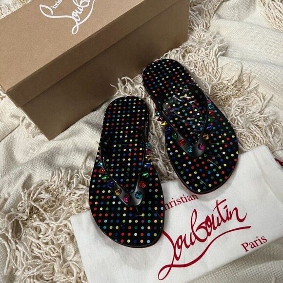 CHRISTIAN LOUBOUTIN Loubi Flip Flop Spikes Donna Flat Black Mix Studded - Picture 3 of 10